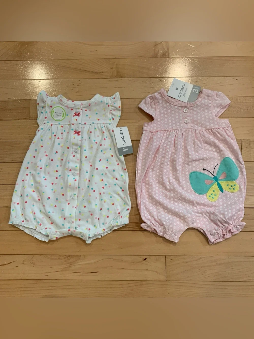 New! Carter's Baby Girl Rompers Size 3 Months Set of 2 Outfits Butterfly Rainbow